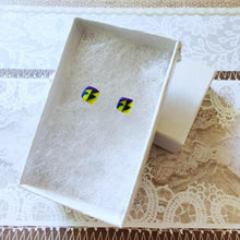 Load image into Gallery viewer, White paper jewelry box with square earrings made of triangle design using yellow, blue, and purple