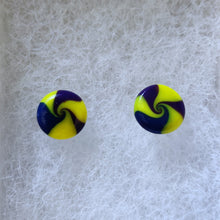 Load image into Gallery viewer, Yellow, blue, and purple swirl earrings