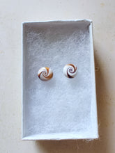 Load image into Gallery viewer, Purple, gold and white swirl earrings inside a white paper jewelry box