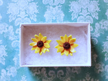 Load image into Gallery viewer, Two sunflower earrings in a white paper jewelry box