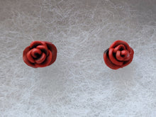 Load image into Gallery viewer, A pair of red and black rose flower earrings