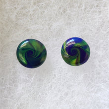 Load image into Gallery viewer, Yellow, blue, and purple swirl earrings
