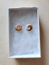 Load image into Gallery viewer, Purple, gold and white swirl earrings inside a white paper jewelry box
