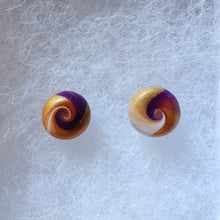 Load image into Gallery viewer, Purple, gold and white swirl earrings
