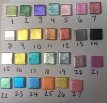 Load image into Gallery viewer, A set of 27 small squares showing various colors available for custom orders
