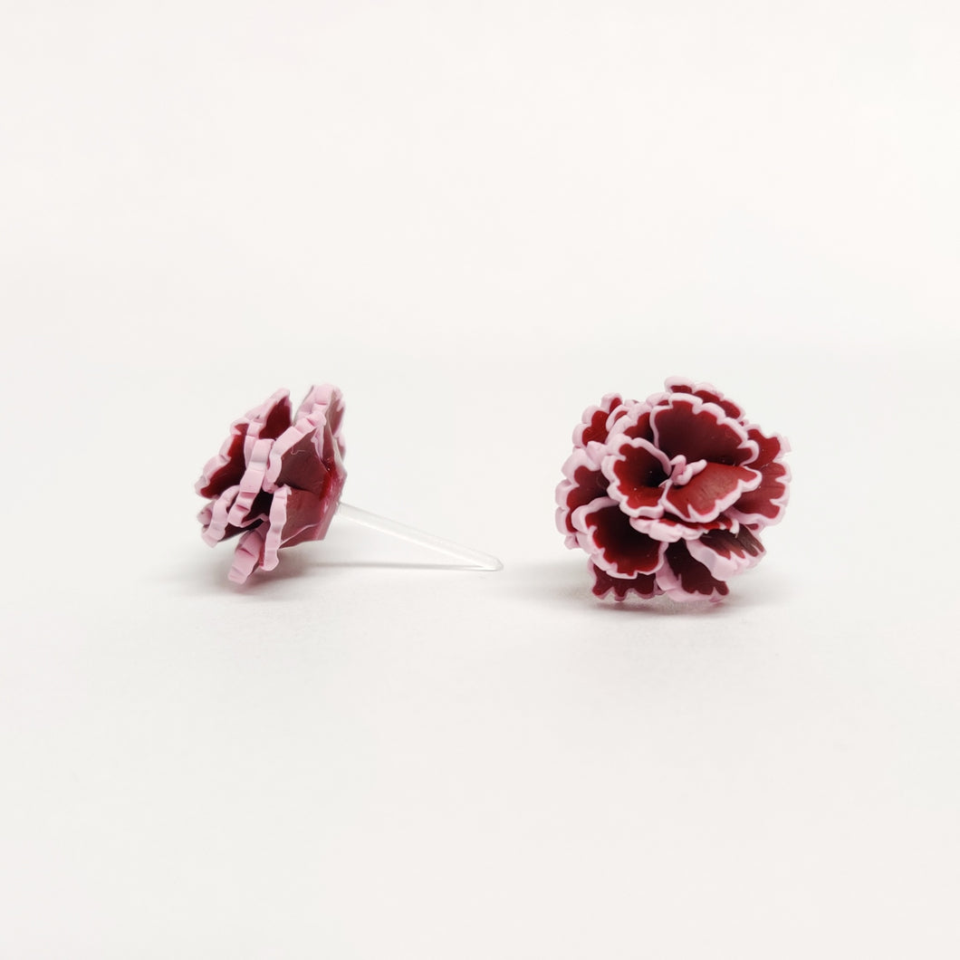 Burgundy Carnation Flower Metal Free Stud Earrings with Hypoallergenic Plastic Posts