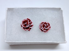 Load image into Gallery viewer, Burgundy Carnation Flower Metal Free Stud Earrings with Hypoallergenic Plastic Posts
