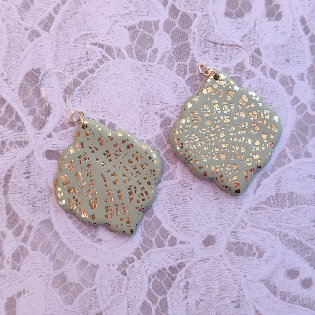 Sage Green Crackled Gold Foil Earrings